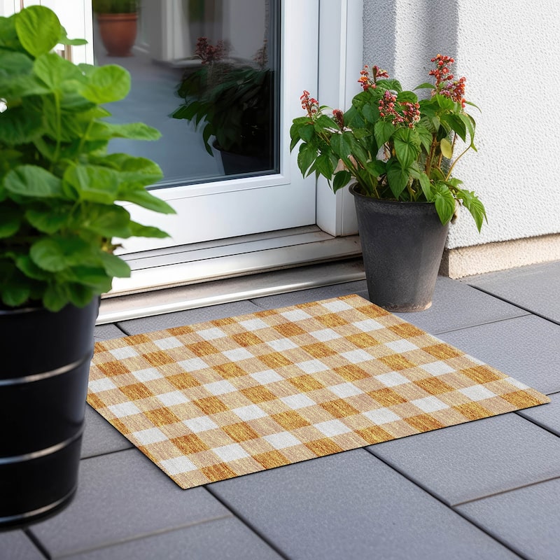 Machine Washable Indoor/ Outdoor Chantille Plaid Rug - Orange - 1'8" x 2'6"