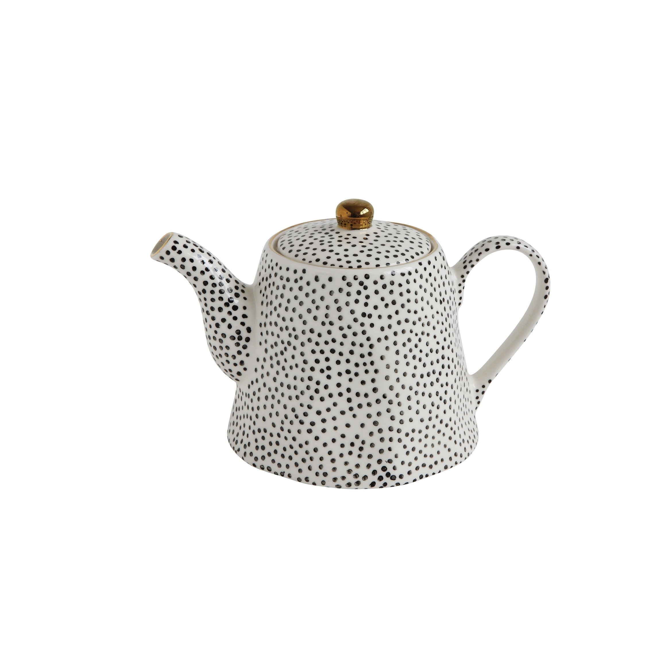 White Stoneware Teapot with Black Speckles & Gold Electroplating
