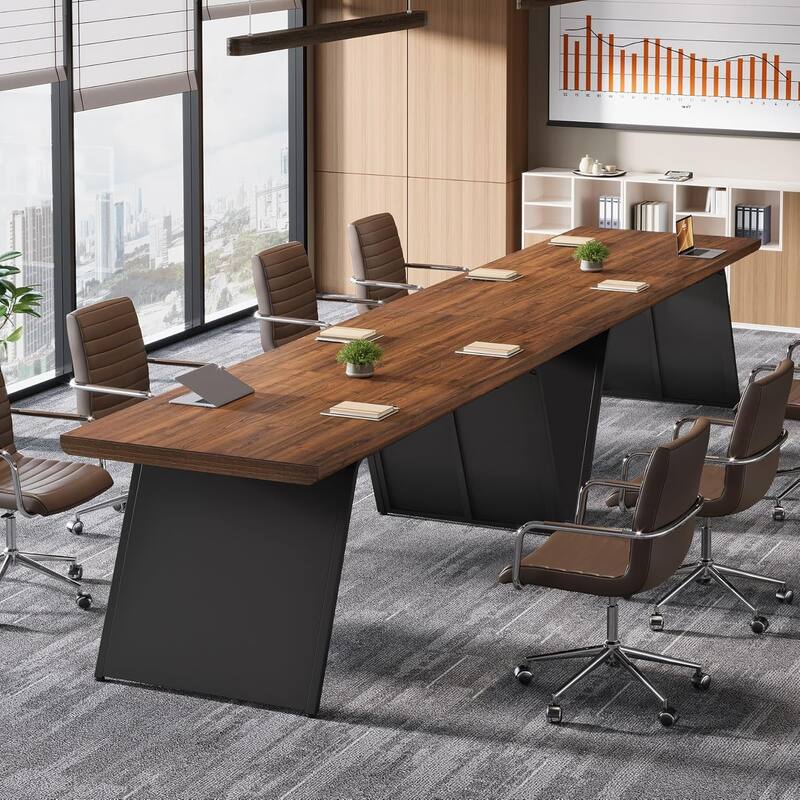 6.57 FT Conference Room Table, Modern Rectangle Executive Meeting Seminar Table with Walnut Wood Top & Black Metal Base
