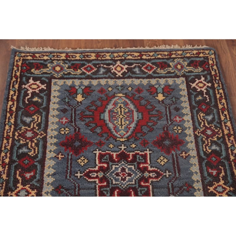 Geometric Kazak Runner Rug Handmade Blue Traditional Wool Carpet - 2'8"x 8'0"