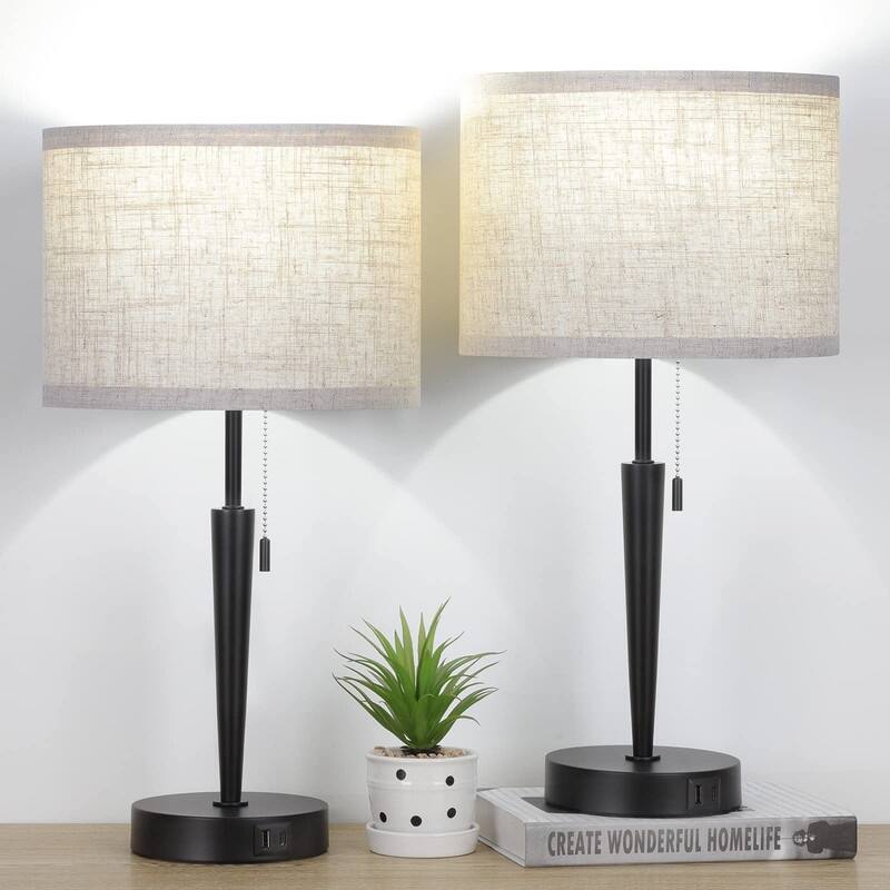 Set of 2 Bedside Table Lamp, Pull Chain Nightstand Lamps - E26 - Oatmeal