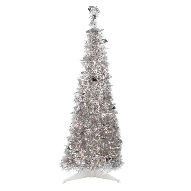 4' Silver Tinsel Pop-Up Artificial Christmas Tree, Clear Lights - 4 Foot