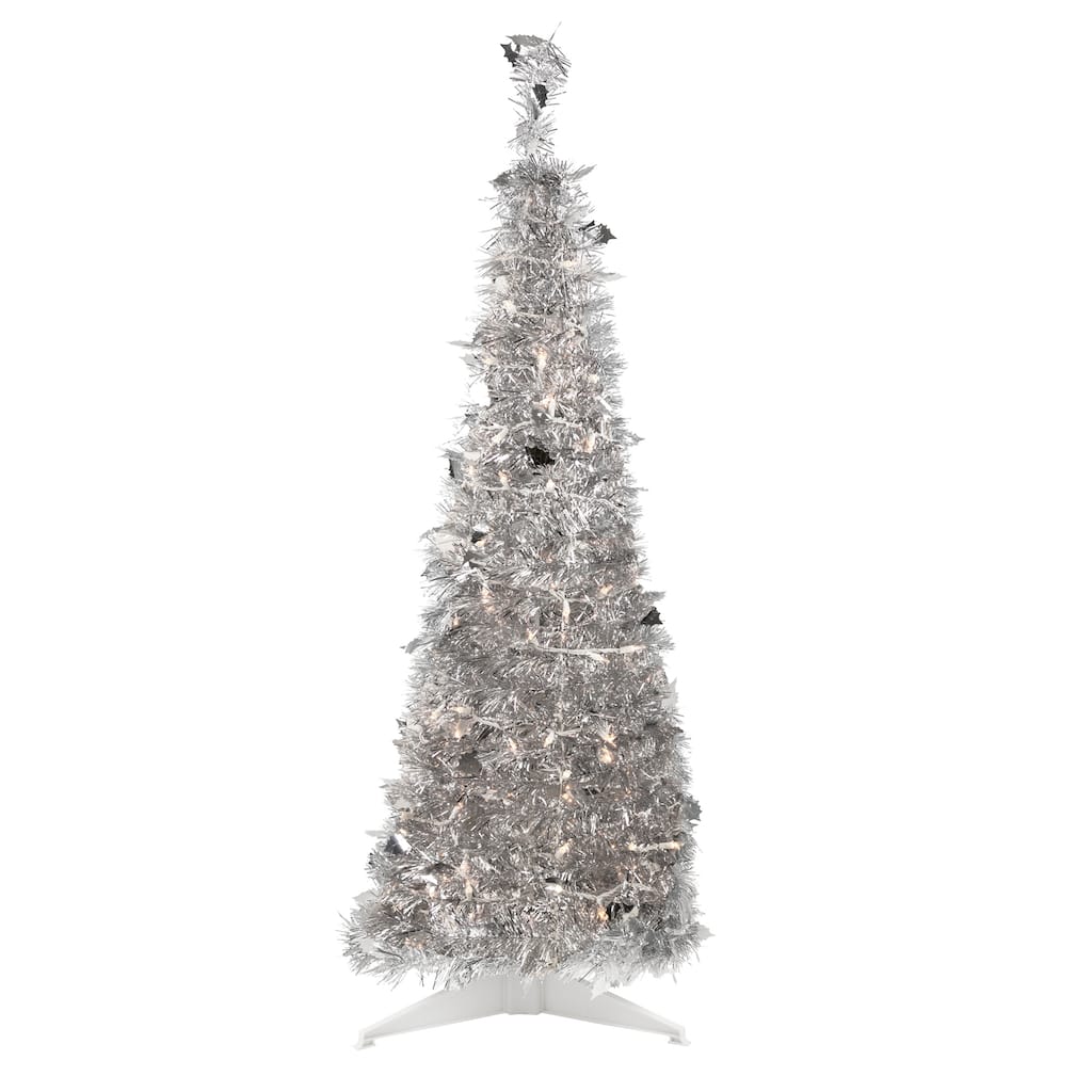4' Silver Tinsel Pop-Up Artificial Christmas Tree, Clear Lights - 4 Foot