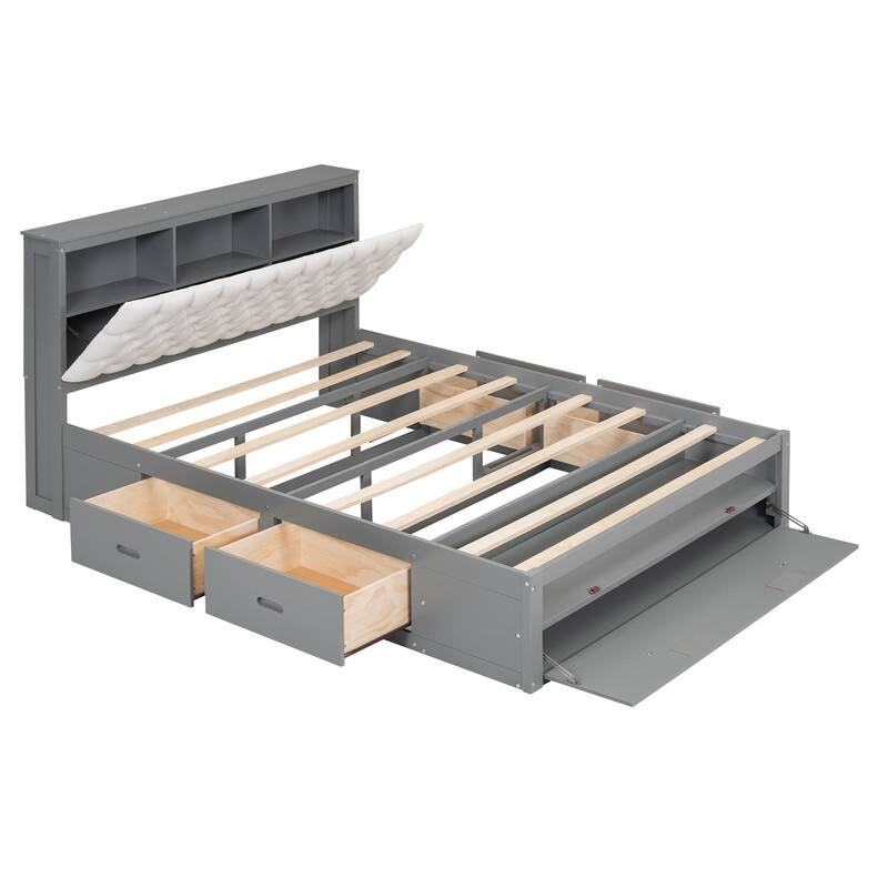 Queen Size Wood Platform Bed with Storage Headboard, Storage Shelves and 2 Drawers