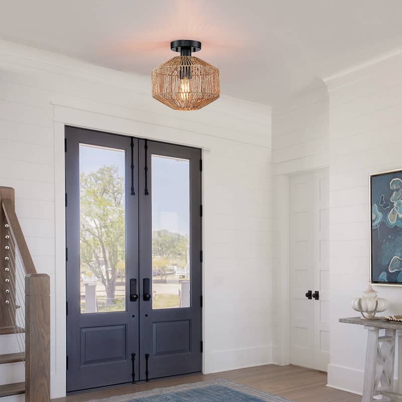 True Fine Bohemian Natural Jute Rope Semi Flush Mount Ceiling Light with Black Hardware