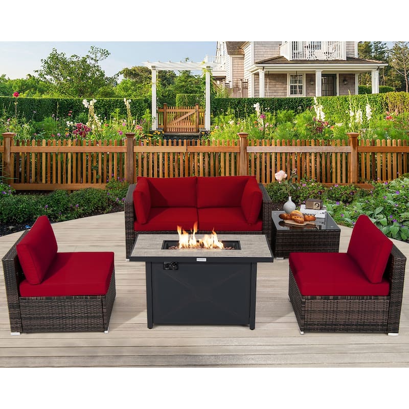 Costway 6PCS Patio Furniture Set Rattan Cushioned Sofa Gas Fire Pit - See Details
