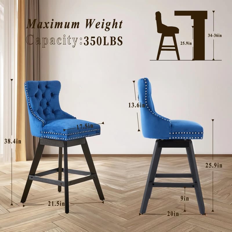 Tufted Swivel Velvet Rubberwood Nailhead Barstools (Set of 2)