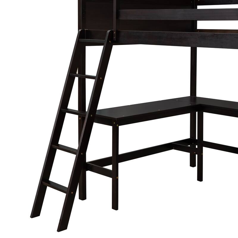 Space-Saving Full Size Loft Bed with Shelves and Desk in Espresso Finish