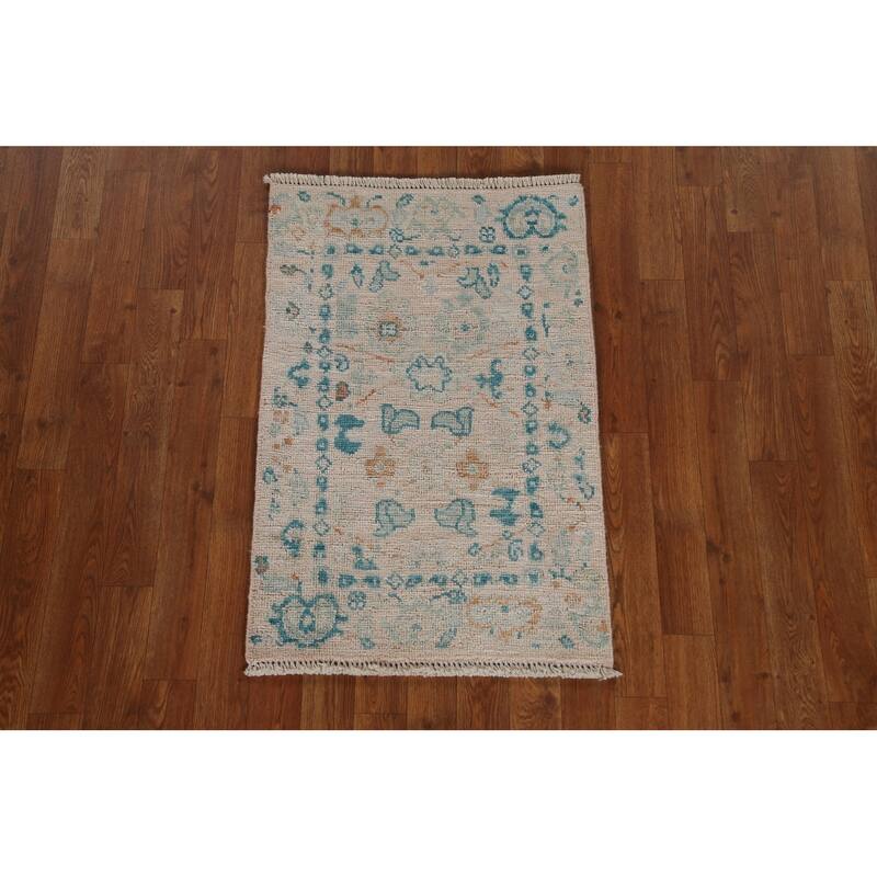 Hand Knotted Oriental 100% Wool Carpet Transitional Geometric Beige & Ivories Oushak Area Rug - 2' 11'' X 1' 11''
