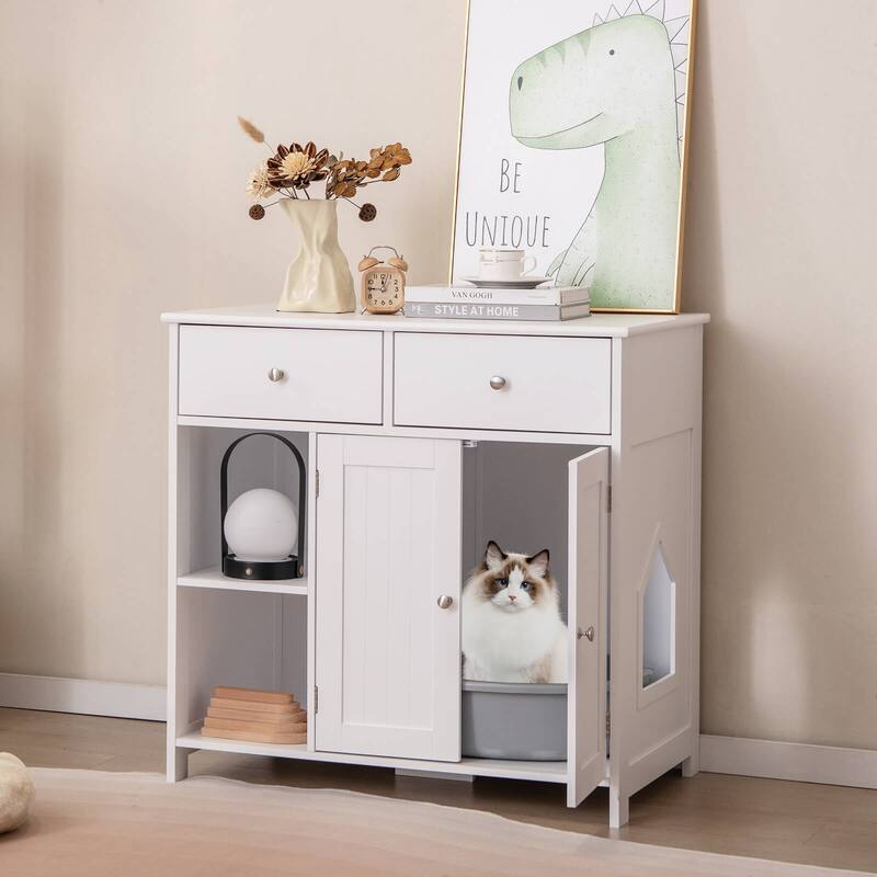 Costway Cat Litter Box Enclosure with 2 Drawers Double Doors Open - See Details