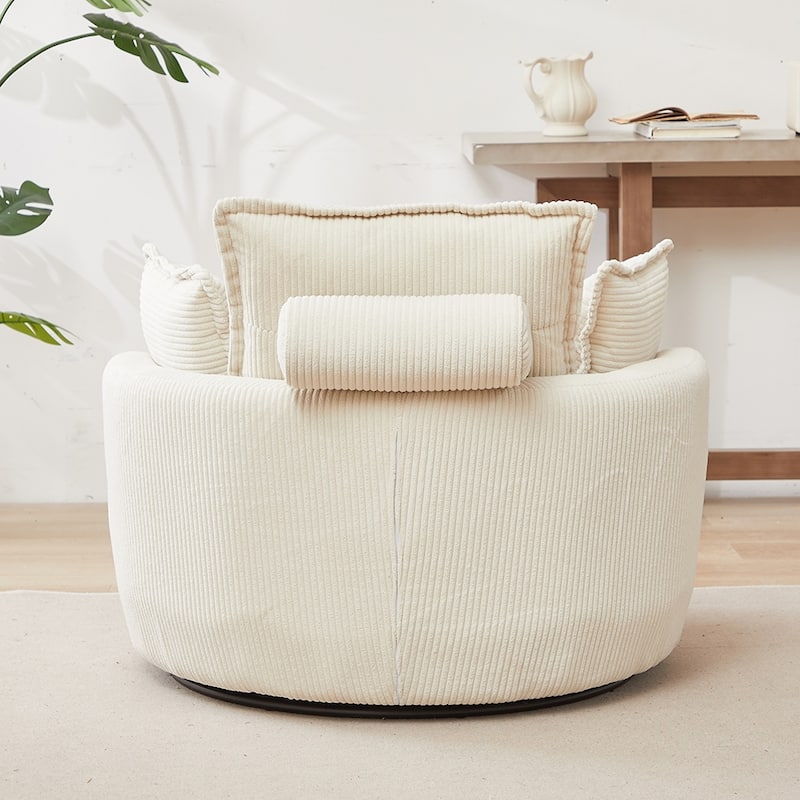 38"W Oversized Round Swivel Barrel Chair with moon storage ottoman and 4 Pillows
