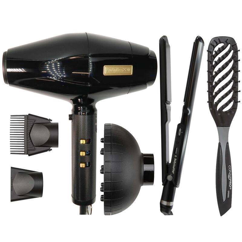 BaByliss Pro BLACKFX High-Performance Turbo Dryer + Porcelain Ceramic Straightening Iron - 1½" BP9559UC + Conair Pro Brush - Black