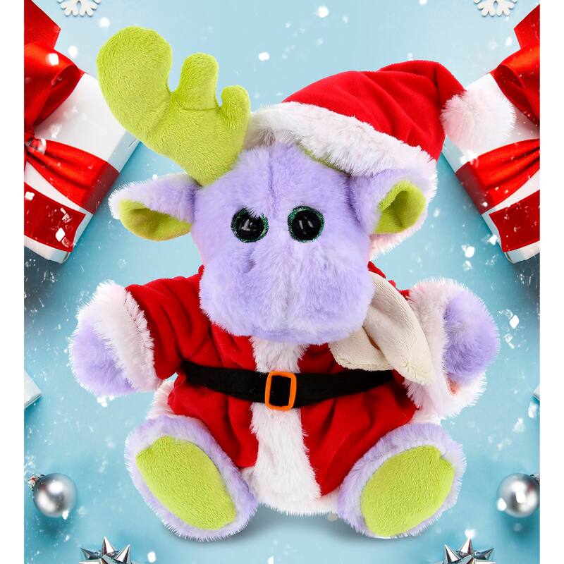 DolliBu Santa Sitting Purple Moose with Scarf Stuffed Animal Plush Toy - 12 inches