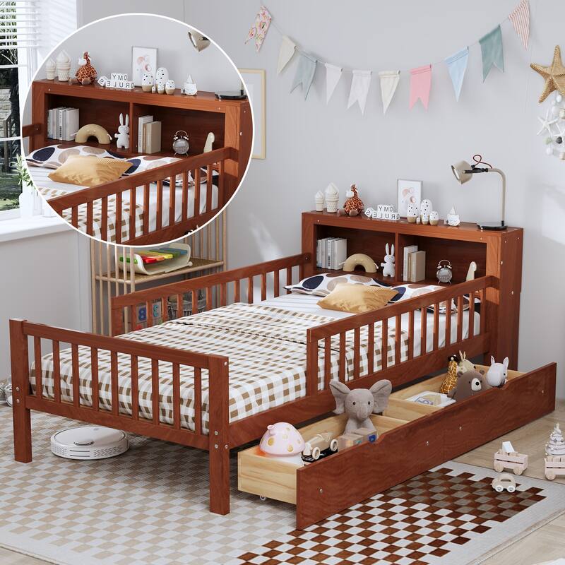 Safe Kids Bed Platform Bed Twin Size Wood Bed Frame with Storage Headboard and 2 Drawers Under, 3-Side Guardrails for Boys Girls