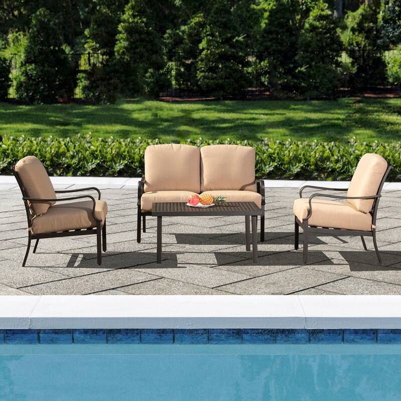 Domi 4-Piece Patio Conversation Set with Cushions, All-Weather Steel Frame Outdoor Furniture - Beige