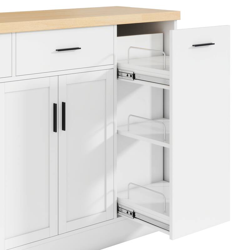 Multi-Functional Storage Sideboard Kitchen Island with Hidden Trash Can and Adjustable Spice Rack