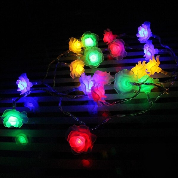 Rose Battery Operated LED Christmas String Lights - RGBY, 2 Work Modes, 7.3ft Length, 20pcs Flowers for Christmas, Holiday