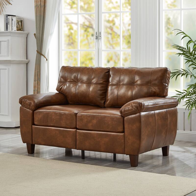 Minimalist Leather Loveseat Sofa Couch with Lumbar Support, 2 Seat Sofa Couch with Storage and Wood Frame