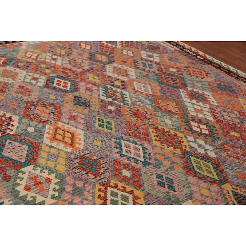 All-Over Geometric Kilim Oriental Area Rug Flatweave Wool Carpet - 8'10"x 11'2"