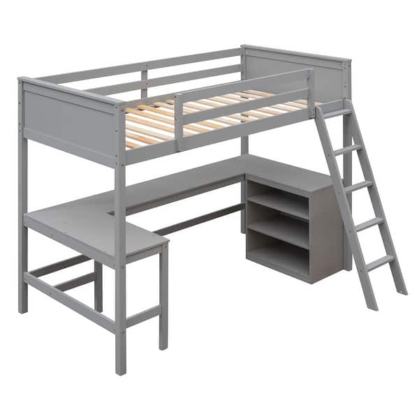 slide 2 of 17, Twin Loft Bed with Desk & Shelves - Efficient Space Utilization Gray - Twin
