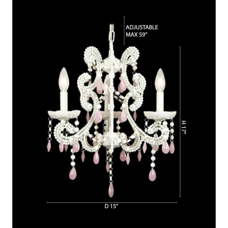 3-Light White Chandelier With Pink Crystals