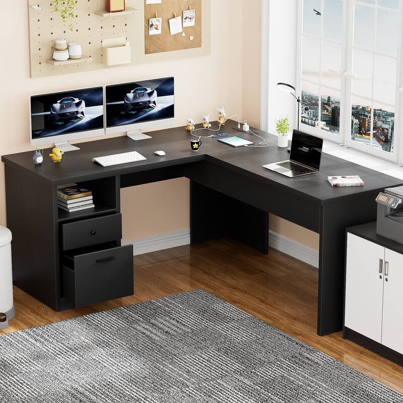 Modern Farmhouse Lift Top L-Shaped Desk with Charge Station, Corner Desk with File Drawers for Home Office