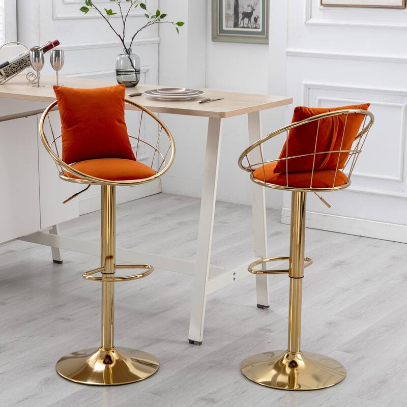 Kitchen Island Bar Stools Velvet Bar Chair 360 Degree Rotation Bar Stools with Adjustable Height Set of 2 - Orange