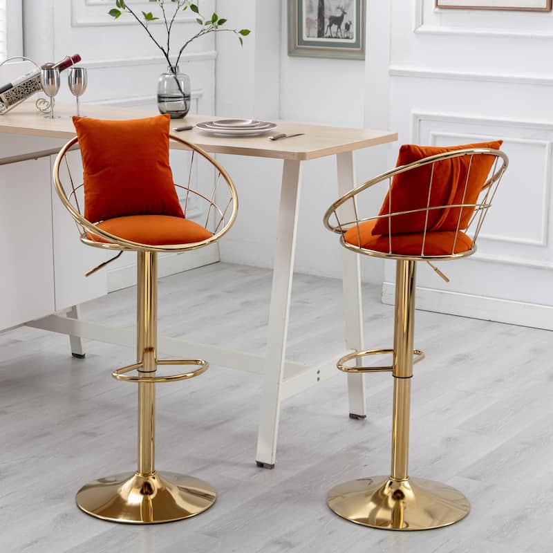 360 Degree Rotation Adjustable Height Velvet Bar Stool, Gold Plated Footrest and Base set of 2