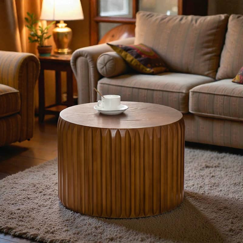 Set of 2 Fluted Round Coffee Tables, Mid-Century Modern Nesting Wood Center Tables, Solid Wood and MDF