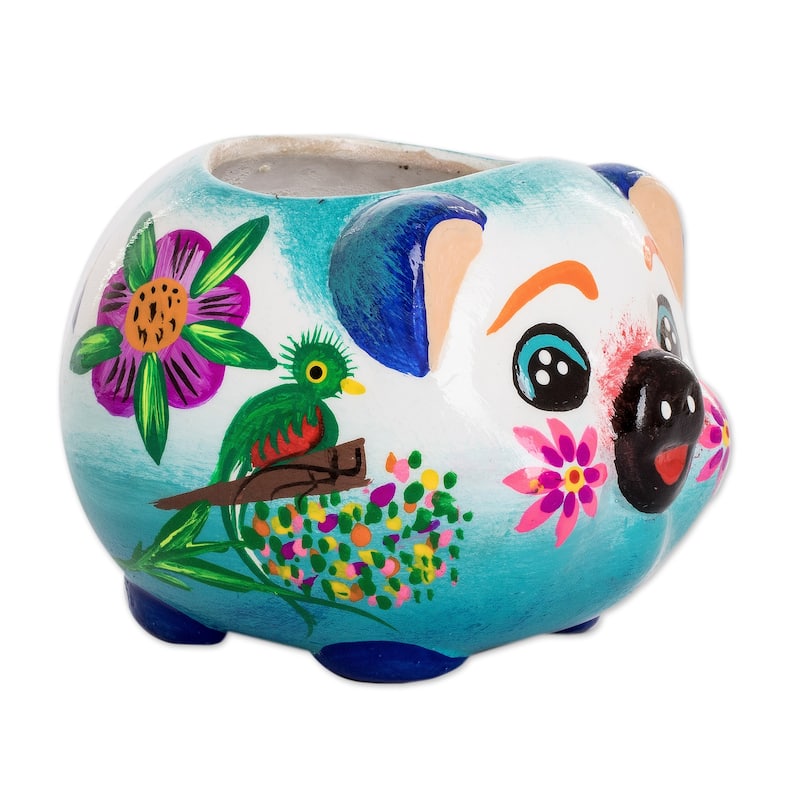 Novica Handmade Herbaceous Piglet Ceramic Mini Flower Pot