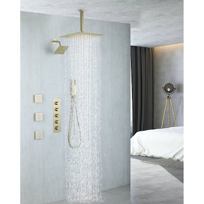 brushed gold dual shower heads 4 way thermostatic shower system with body jets - 7'6" x 10'9"