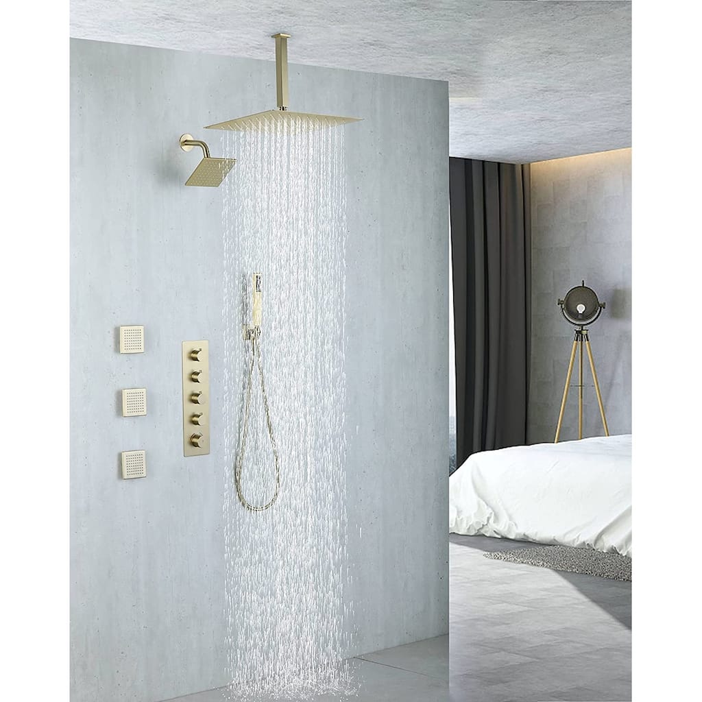 brushed gold dual shower heads 4 way thermostatic shower system with body jets - 7'6" x 10'9"