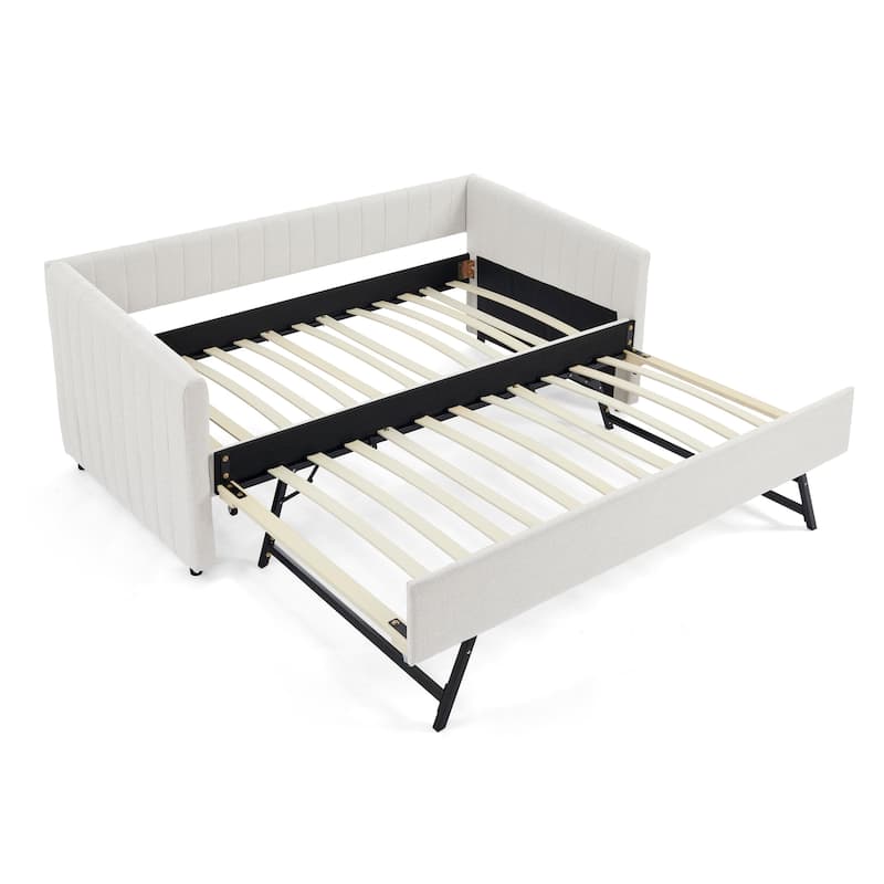 Twin Size Linen Upholstered Daybed with Trundle - Vertical Striped Sofa Bed with Foam Padding