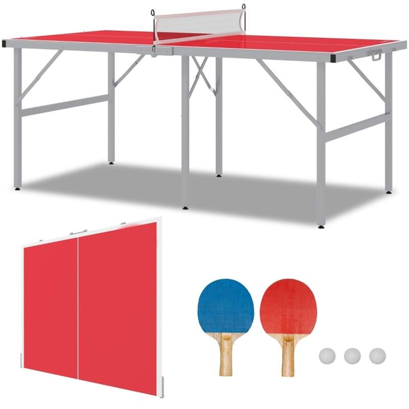 Red Foldable Ping Pong Table with Aluminum Frame and Paddles Balls Net for Indoor or Outdoor - 70.75" L x 35.5" W x 30" H