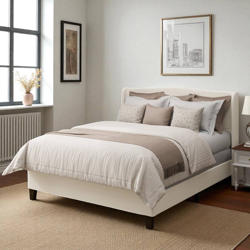 Twin/Queen/King Platform Bed, 49.21 in Upholstered Headboard, Teddy Velvet, 12-Slat Support, Solid Wood Legs, White