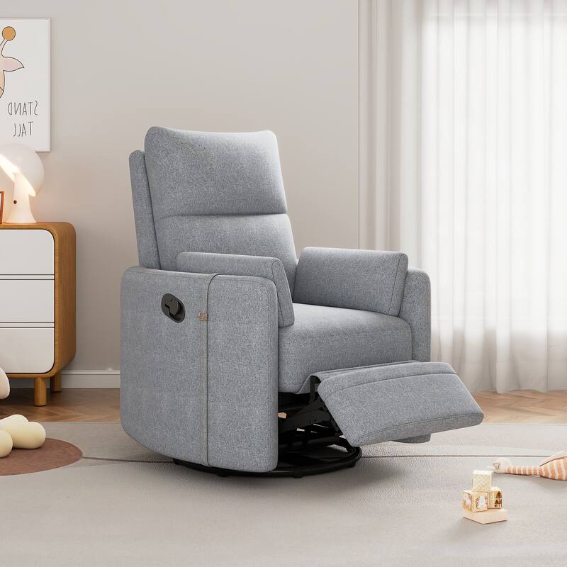 Modern Swivel Recliner, Manual Nursery Glider Rocking Recliner Chair w/ 2 Pillows, Upholstered Sofa Chair for Living Room - DARK GREY