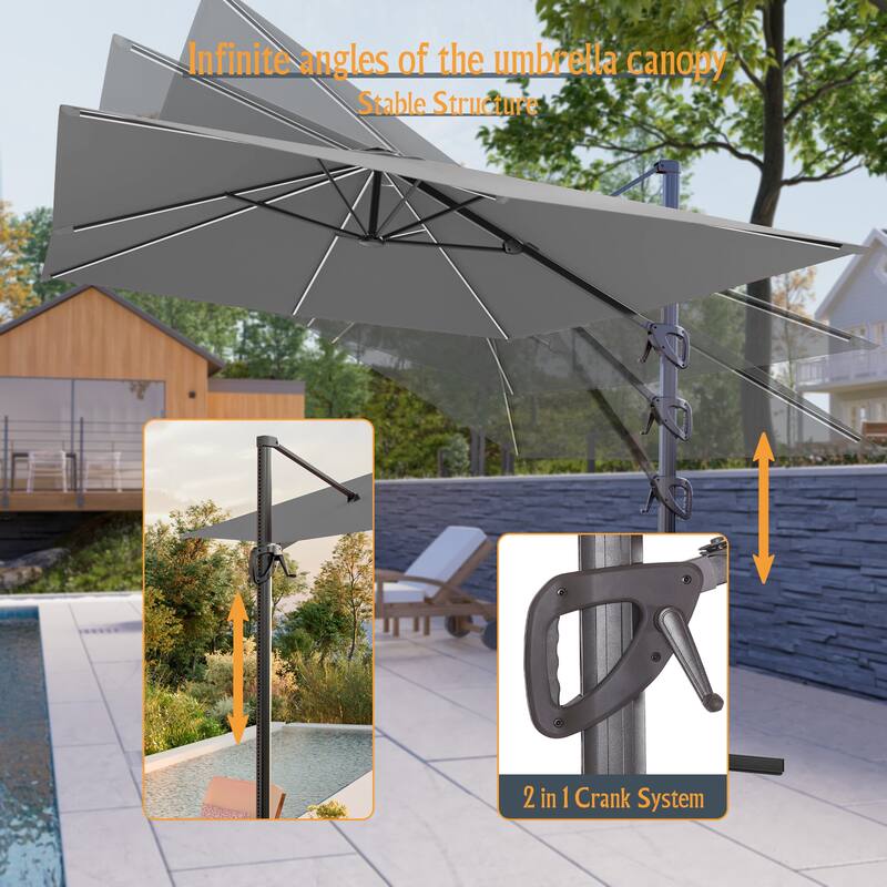 LIVOOSUN 10x8ft LED Rectangle Cantilever Umbrella Patio Offset Umbrella For Outdoor Space, Solution-Dyed Fabric, 360° Rotation