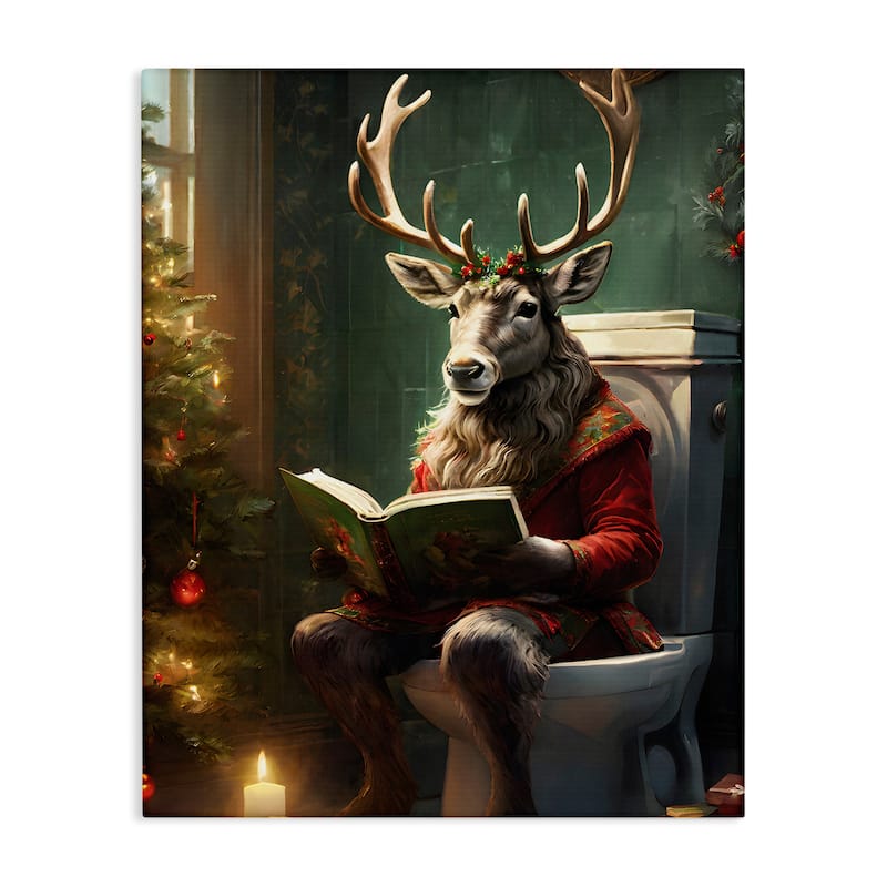 Stupell Reindeer in Festive Bathroom Canvas Wall Art Design By Jo Moulton - 24 x 30