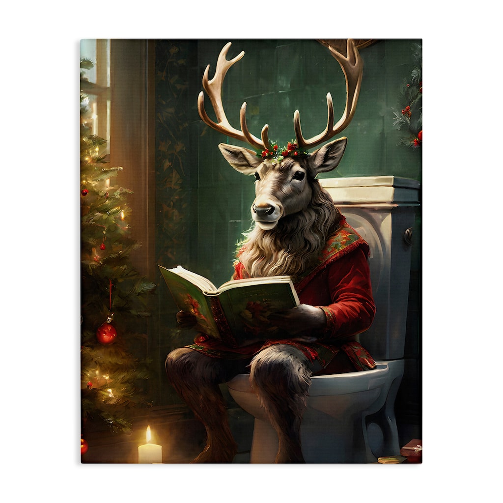 Stupell Reindeer in Festive Bathroom Canvas Wall Art Design By Jo Moulton
