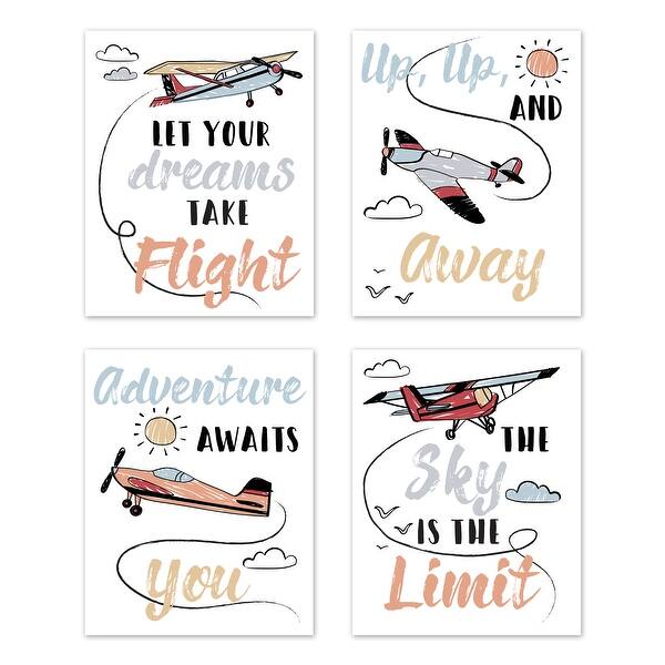 slide 2 of 6, Vintage Airplane Wall Decor Art Prints (Set of 4) - Grey Yellow Orange Red White Blue Airplanes Air Plane Transportation Clouds