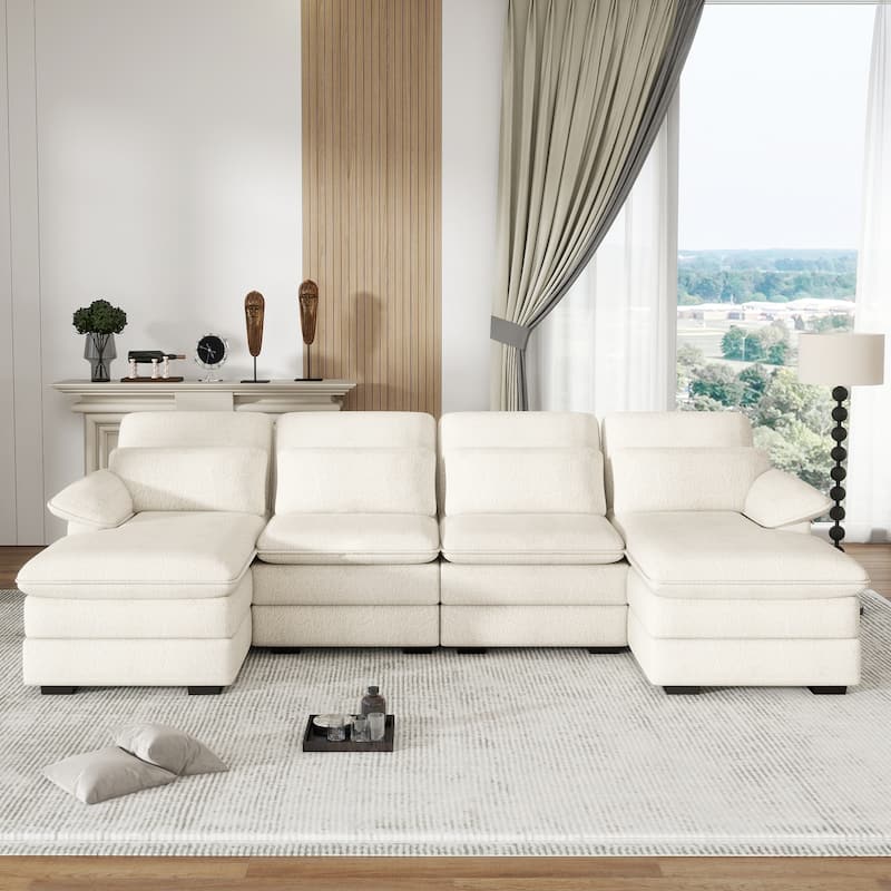 U-Shaped 111.8" Cloud Combo Sofa 4-Seater Chenille Fabric Sofa with Arms - White