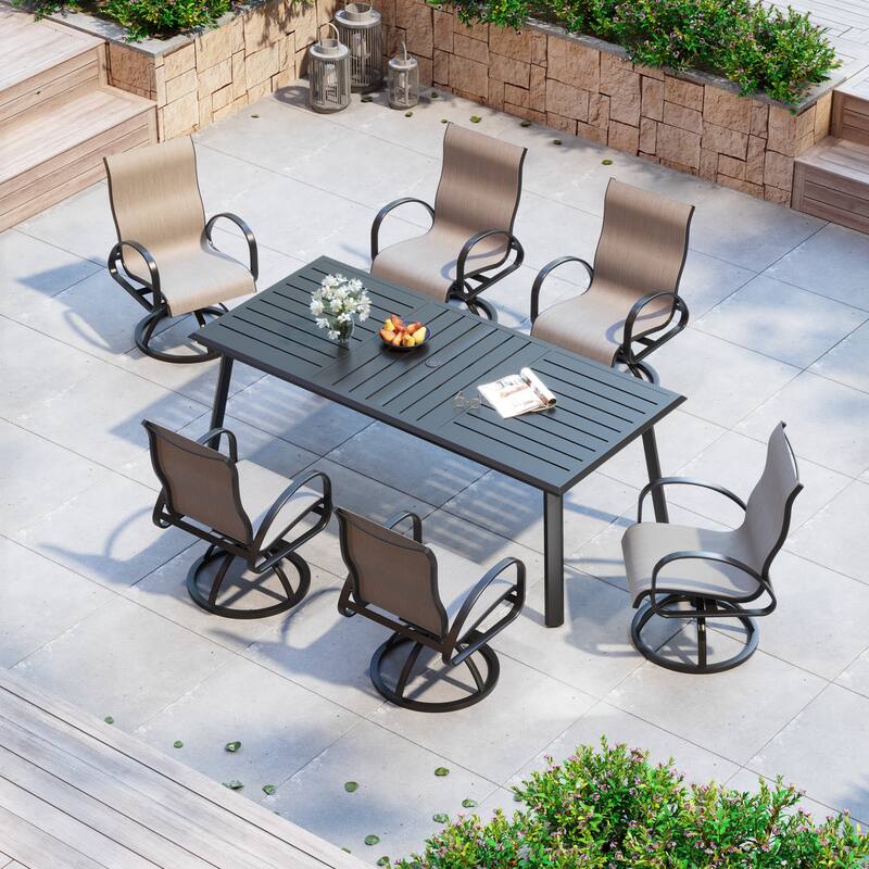 7/9PC Outdoor Patio Aluminum Dining Table with Sunbrella Swivel Dining Chairs Sunbrella Umbrella Hole