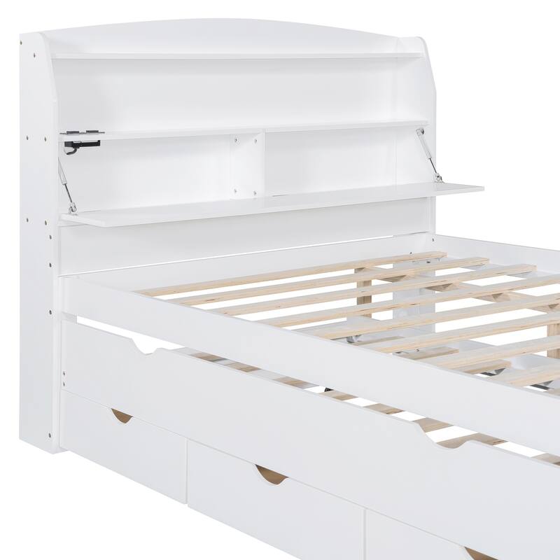 Wooden Platform Bed with Pull Out Trundle Bed and Drawers, All-in-One LED Headboard with Charging Station and Flip Up Storage