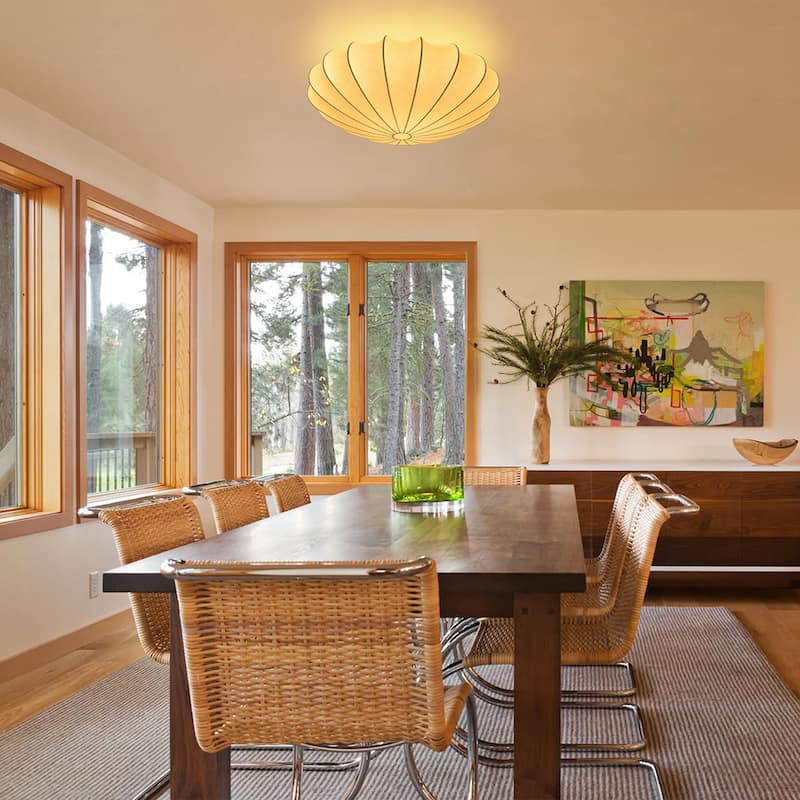 Modern Mid-century White Silk Shade Semi Flush Ceiling Light