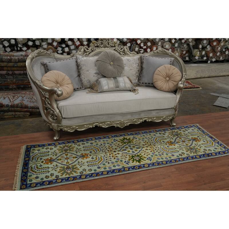 Hand Knotted Oriental 100% Wool Carpet Traditional All-Over Green Ziegler Runner Rug - 7' 11'' X 2' 6''
