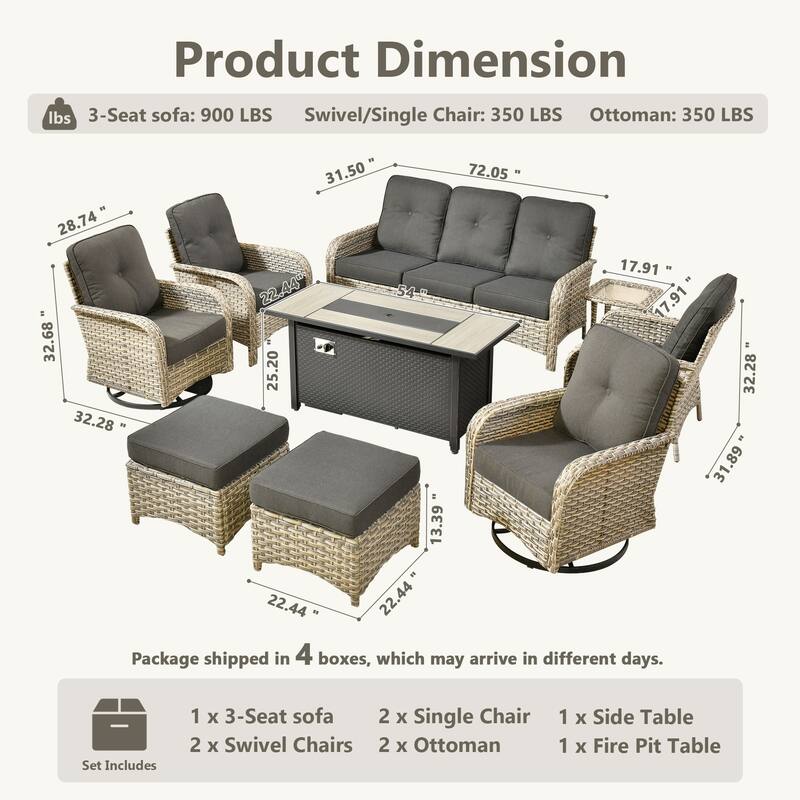 HOOOWOOO 9-piece Outdoor Wicker Patio Furniture Swivel Rocking Chair Set with Fire Pit
