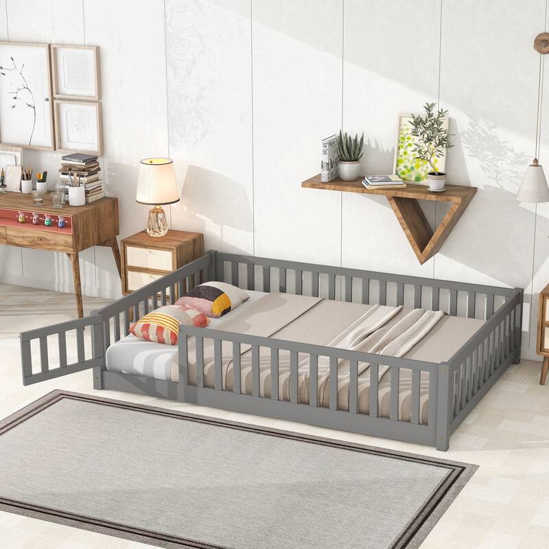 Full size Floor Platform Bed with Fence and Door - Grey