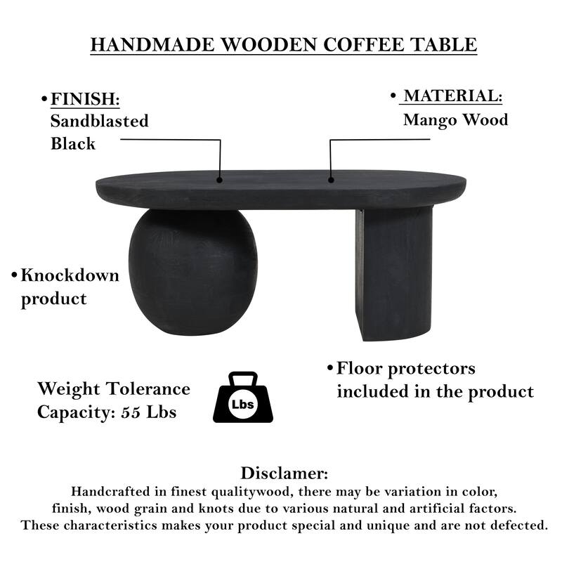 Uri 38 Inch Oval Coffee Table, Mango Wood Full and Half Spherical Leg, Sandblasted Black