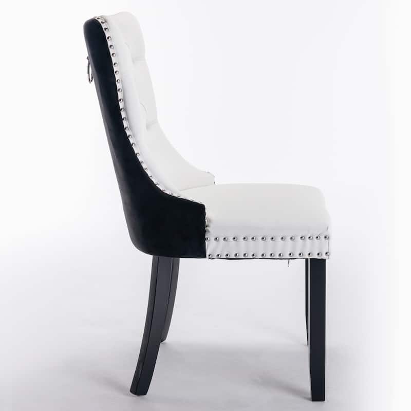 2 Pcs Set Modern High-end Tufted Solid Wood Dining Chair w/ PU Velvet Upholstered & Nailhead Trim-White+Black