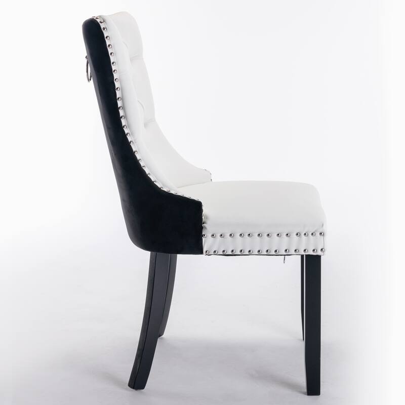 Tufted Solid Wood PU and Velvet Upholstered Dining Chair with Wood Legs 2-Pcs Set
